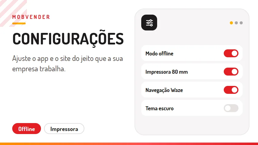 MOBVENDER – funcionalidade: Configurações