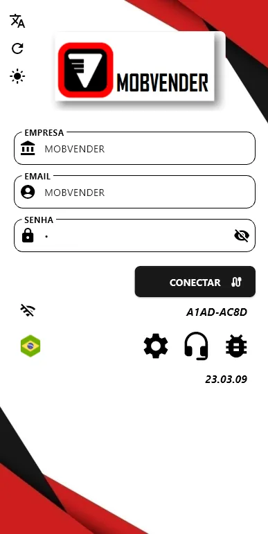 MOBVENDER – Login seguro: Acesso por empresa, e-mail e senha, com troca de idioma e tema.