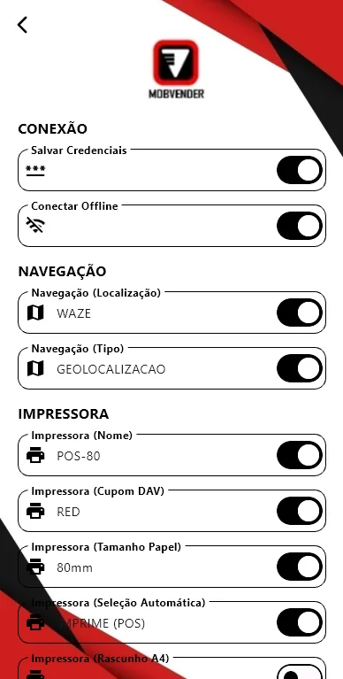 MOBVENDER – Configurações do app: Modo offline, navegação pelo Waze e impressora térmica de 80 mm ou 58 mm.