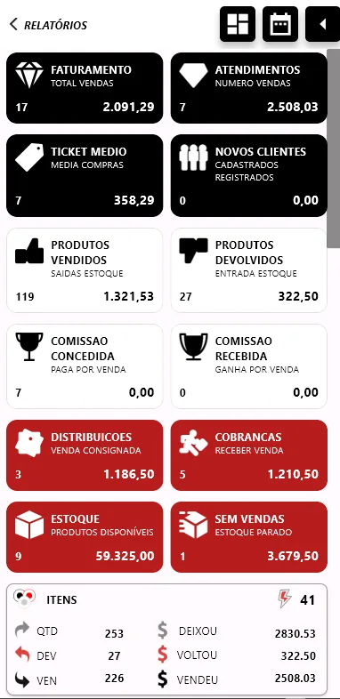 MOBVENDER – Relatórios no celular: Faturamento, ticket médio, comissões, cobranças e estoque parado.